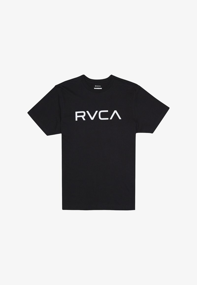 Čierne bavlnené tričko s veľkým bielym logom "RVCA" na prednej strane. Krátke rukávy, okrúhly výstrih a bežný strih.