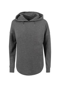 Dark gray hoodie with a front pouch, adjustable drawstrings, long sleeves, and a rounded hem. Soft fabric with a relaxed fit.