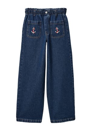 Pantalon large en denim bleu foncé avec taille élastique et poches avant brodées d'ancres blanches et rouges.