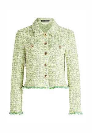 Grüne und weiße strukturierte Tweedjacke mit einem Kragenhals, goldenen Knöpfen und ausgefransten Säumen an den Ärmeln und dem Saum.