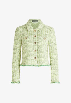 Veste en tweed texturé verte et blanche avec un col, boutons dorés et bords effilochés sur les poignets et l'ourlet.