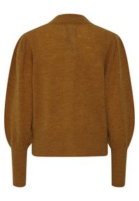 Maglione marrone lavorato a maglia con collo rotondo, maniche lunghe e spalle abbondanti. Texture morbida con una finitura liscia e polsini a coste.