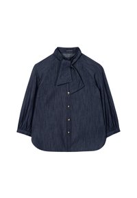 Dark blue, button-up blouse with a tie neck, raglan sleeves, and a soft, textured fabric. Features gold-colored buttons and a rounded hem.