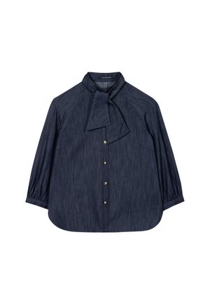 Dunkelblaue, knöpfbare Bluse mit Schleifenkragen, Raglanärmeln und einem weichen, strukturierten Stoff. Verfügt über goldfarbene Knöpfe und einen abgerundeten Saum.