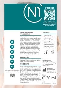 N1 Hautrötungen Pflegecreme in einer 30-ml-Tube; Etikett in Blaugrün und Weiß mit Text, QR-Code und Zutatenliste. Kunststoffmaterial, schlankes Design.