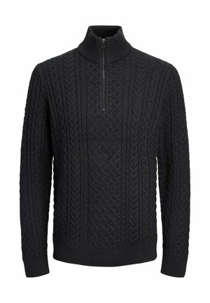 Pull en tricot noir avec un col montant et une courte fermeture éclair. Présente un motif en câble texturé et des bords côtes aux poignets et à l'ourlet. Design classique.