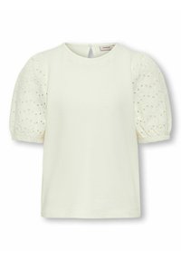 Hvid top med korte ærmer og puffede blonder, der har cirkulære udskæringer og en knaplukning bagpå. Blødt bomuldsblandingsmateriale.