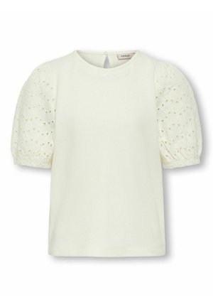 Haut blanc à manches courtes avec des manches en dentelle froncées comportant des découpes circulaires et une fermeture à bouton au dos. Matériau en mélange de coton doux.