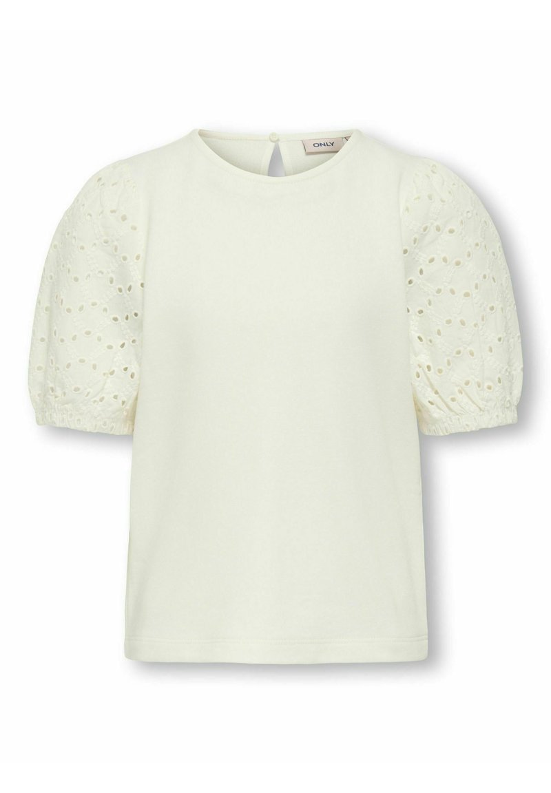 Hvid top med korte ærmer og puffede blonder, der har cirkulære udskæringer og en knaplukning bagpå. Blødt bomuldsblandingsmateriale.