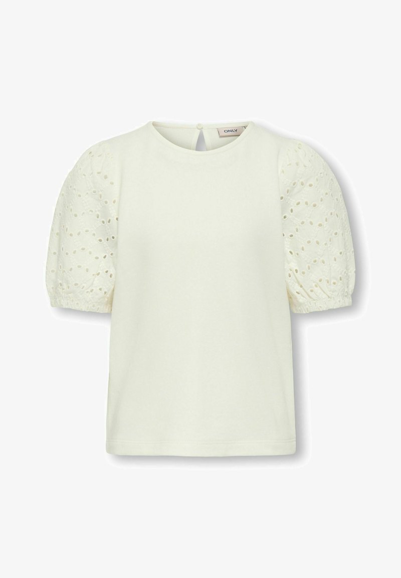 Hvid top med korte ærmer og puffede blonder, der har cirkulære udskæringer og en knaplukning bagpå. Blødt bomuldsblandingsmateriale.