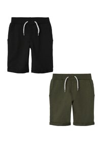 Black and olive green cotton shorts with elastic waistbands, drawstrings, and side pockets; black shorts have a cuffed hem.
