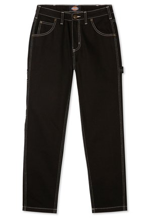 Pantaloni negri din denim cu cusături albe în contrast, cinci buzunare și un tab pe lateral. Croi standard, design cu picior drept.