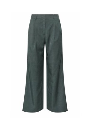 Pantalon taille haute, jambes larges, gris foncé, avec passants de ceinture et plis à l'avant, taillé pour une coupe ample.