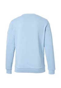 Sudadera de color azul claro con mangas largas, cuello redondo y puños acanalados. Textura suave, diseño minimalista, sin logotipos ni patrones visibles.