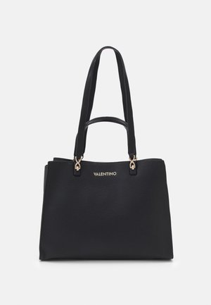 Black structured handbag made of pebbled leather, featuring dual top handles and gold-tone hardware with "VALENTINO" logo detail.