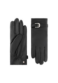 Gants en cuir noir avec une texture lisse, dotés de cinq doigts séparés, d'un détail au poignet froncé et d'une accentuation en boucle argentée.