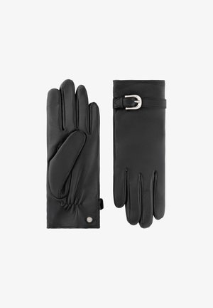 Black leather gloves with a smooth texture, featuring five separate fingers, gathered wrist detail, and a silver buckle accent.