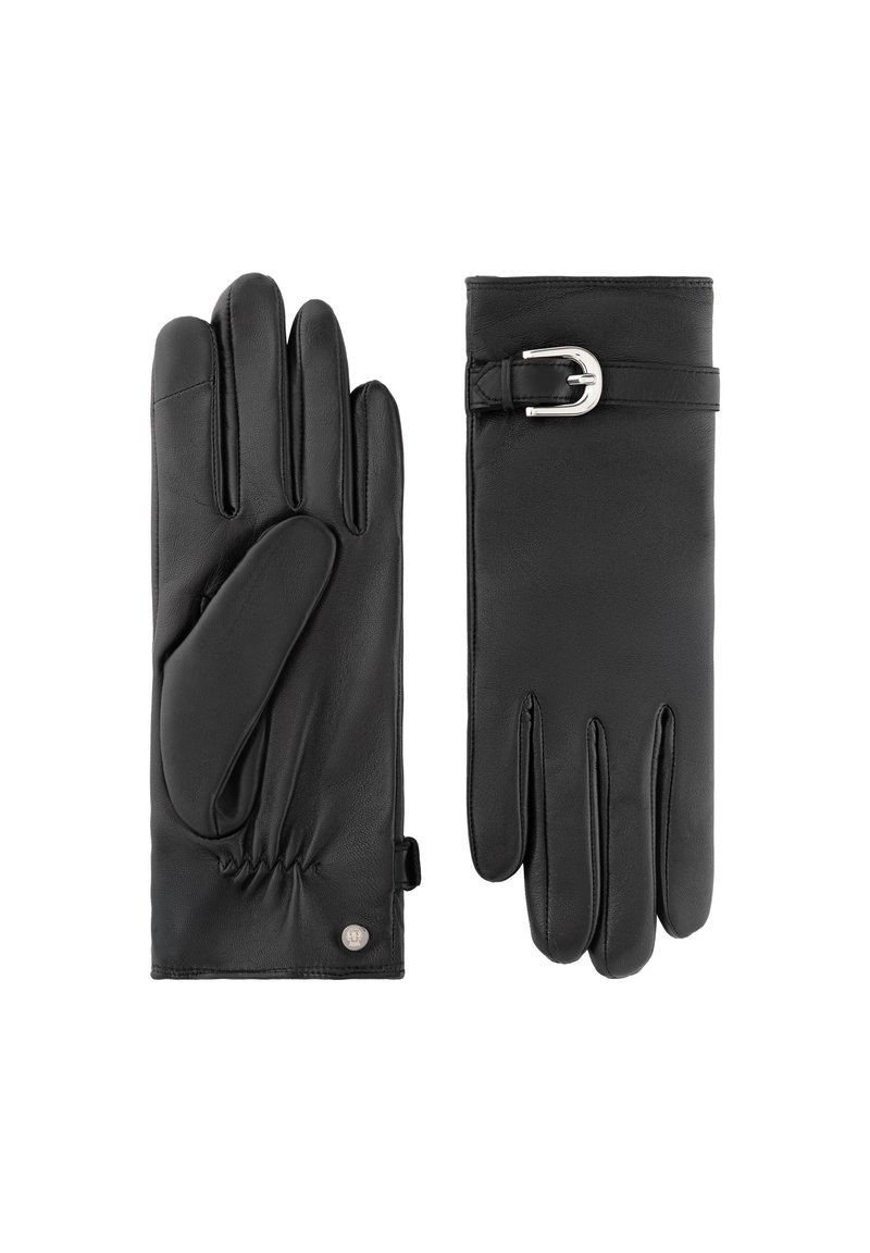 Gants en cuir noir avec une texture lisse, dotés de cinq doigts séparés, d'un détail au poignet froncé et d'une accentuation en boucle argentée.