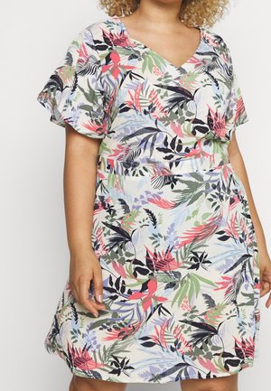 Floral dress featuring a v-neck, short flutter sleeves, and a loose fit. Colors include green, pink, blue, and black with varied leaf patterns.