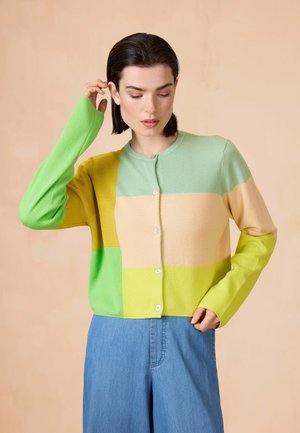 Kleurgeblokte cardigan in groen, geel en beige. Gebreide stof met ronde halslijn, knoopsluiting en lange mouwen.
