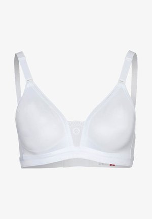 Soutien-gorge blanc au design sans coutures, avec des bonnets moulés, des bretelles ajustables et une bande texturée douce. Il dispose d'un dos en mesh et d'un discret logo.