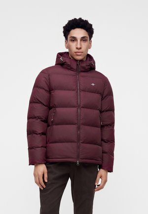 Jeune homme portant une veste matelassée à capuche bordeaux avec fermeture éclair et poches latérales, debout devant un fond clair uni.