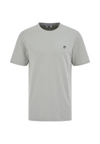 Lichtgrijs katoenen T-shirt met korte mouwen, een ronde hals en een klein zwart-wit geborduurd handlogo op de linkerborst.