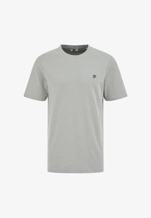 Šviesiai pilka trumpomis rankovėmis medvilninė marškinėliai su apvalia iškirpte ir mažyliu juodos ir baltos spalvos siuvinėtu rankos logotipu kairėje krūtinės pusėje.