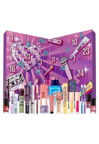 Calendrier de l'Avent violet avec un design graphique, Featuring un cœur disco et divers produits de maquillage, y compris du gloss à lèvres, du mascara et de l'eyeliner.