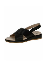 Černá kožená sandál se sponou a křížovými popruhy, vycpanou stélkou a nízkým gumovým klínem. Hladký povrch s minimálním zdobením.