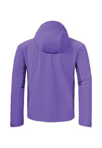 Lila Jacke mit Kapuze, ausgestattet mit langen Ärmeln und einem glatten, wasserabweisenden Material. Seitenteile in einem dunkleren Farbton sorgen für Kontrast.