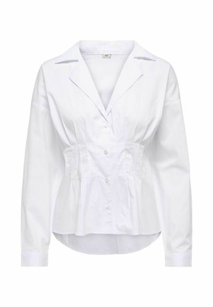 White button-up shirt with a pointed collar, long sleeves, and a fitted bodice featuring gathered seams for texture. Smooth cotton fabric.