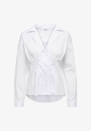 White button-up shirt with a pointed collar, long sleeves, and a fitted bodice featuring gathered seams for texture. Smooth cotton fabric.