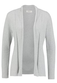 Cardigan grigio, maniche lunghe, aperto davanti, materiale a maglia morbido, dettagli a coste lungo i bordi, design casual adatto per il layering.