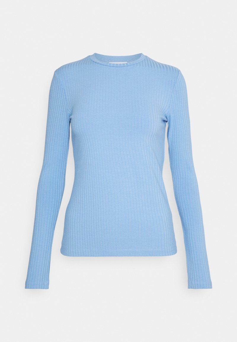 Ljusblå ribbad långärmad tröja med rund halsringning, figurnära passform och vertikala strukturerade linjer på en vit bakgrund.