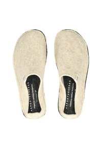 Pletené dřeváky s krémovým exteriérem a tmavě šedým interiérem. Design na obutí s kulatou špičkou a černou podrážkou. Obsahují detaily s logem.