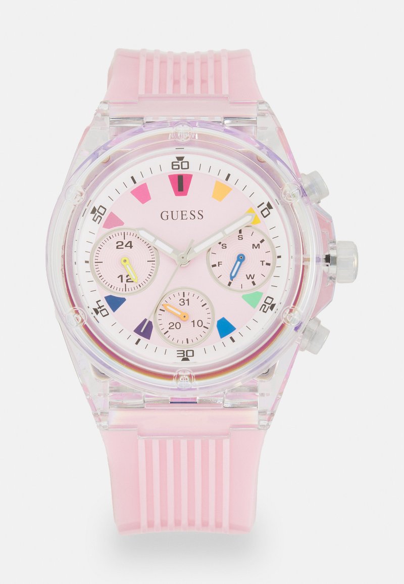 Rosa Gummiband-Uhr mit transparentem Gehäuse, weißem Zifferblatt, bunten Stundenmarkierungen und drei Unterzifferblättern für Sekunden, Minuten und 24-Stunden-Zeit.