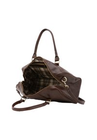 Bruine leren handtas met een ritsopening, een interieur met geruite voering en twee handvatten. Beschikt over goudkleurige hardware en een gestructureerde vorm.