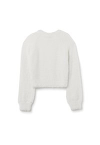 Weißer, kurzes Sweatshirt mit weicher, flauschiger Textur, langen Ärmeln und gerippten Bündchen. Einfacher, runder Ausschnitt ohne sichtbare Verschlüsse.