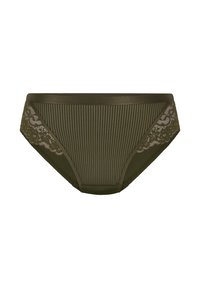 Olijfgroene bikini slipjes met gestreepte textuur. Kantdetail aan één kant en een gladde tailleband. Heeft een klassieke slipvorm.