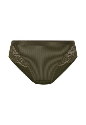 Olijfgroene bikini slipjes met gestreepte textuur. Kantdetail aan één kant en een gladde tailleband. Heeft een klassieke slipvorm.