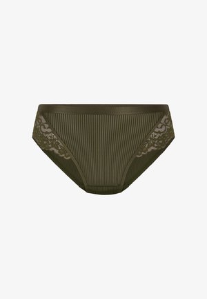 Olivgrüne Bikini-Slips mit gestreifter Textur. Spitzendetails auf einer Seite und ein glatter Bund. Klassischer Slip-Schnitt.