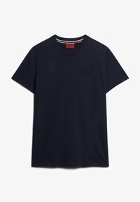 Marineblauw katoenen T-shirt met korte mouwen, ronde hals en een klein geborduurd logo op de borst. Zachte textuur, standaard pasvorm.