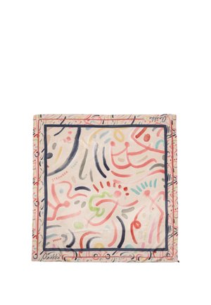 Sciarpa di seta con motivi astratti a pennellate multicolori e parole scritte a mano come "stronger", incorniciata da un bordo scuro su sfondo beige.