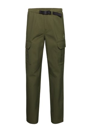 Olive green cargo pants with a relaxed fit, elastic waistband, adjustable belt, and two side pockets for utility and style.