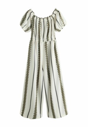 Weißer Overall mit olivgrünen und schwarzen Zickzack-Vertikalstreifen, kurzen Puffärmeln, elastischem Ausschnitt und Bund, weiten Hosenbeinen.