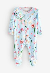 Body de bebé con estampado floral en azul pastel, con cuello rizado, botones a presión y detalles de lazo rosa en los pies. Textura de tela suave.