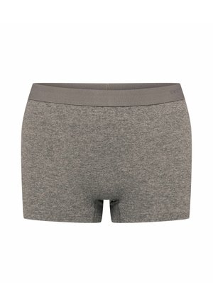 Gray cotton blend boxer shorts with a textured fabric, featuring a wide elastic waistband and a simple, unembellished design.