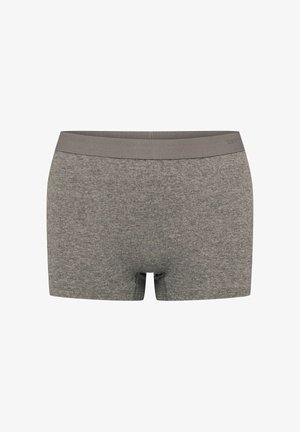 Szare bawełniane bokserki z mieszanym składem, o teksturowanej tkaninie, z szerokim elastycznym pasem i prostym, nieozdobionym wzorem.