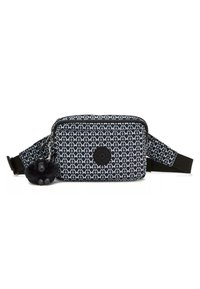 Black and white patterned bag with rectangular shape, zip closure, adjustable strap, and a black fur pom-pom keychain accent.